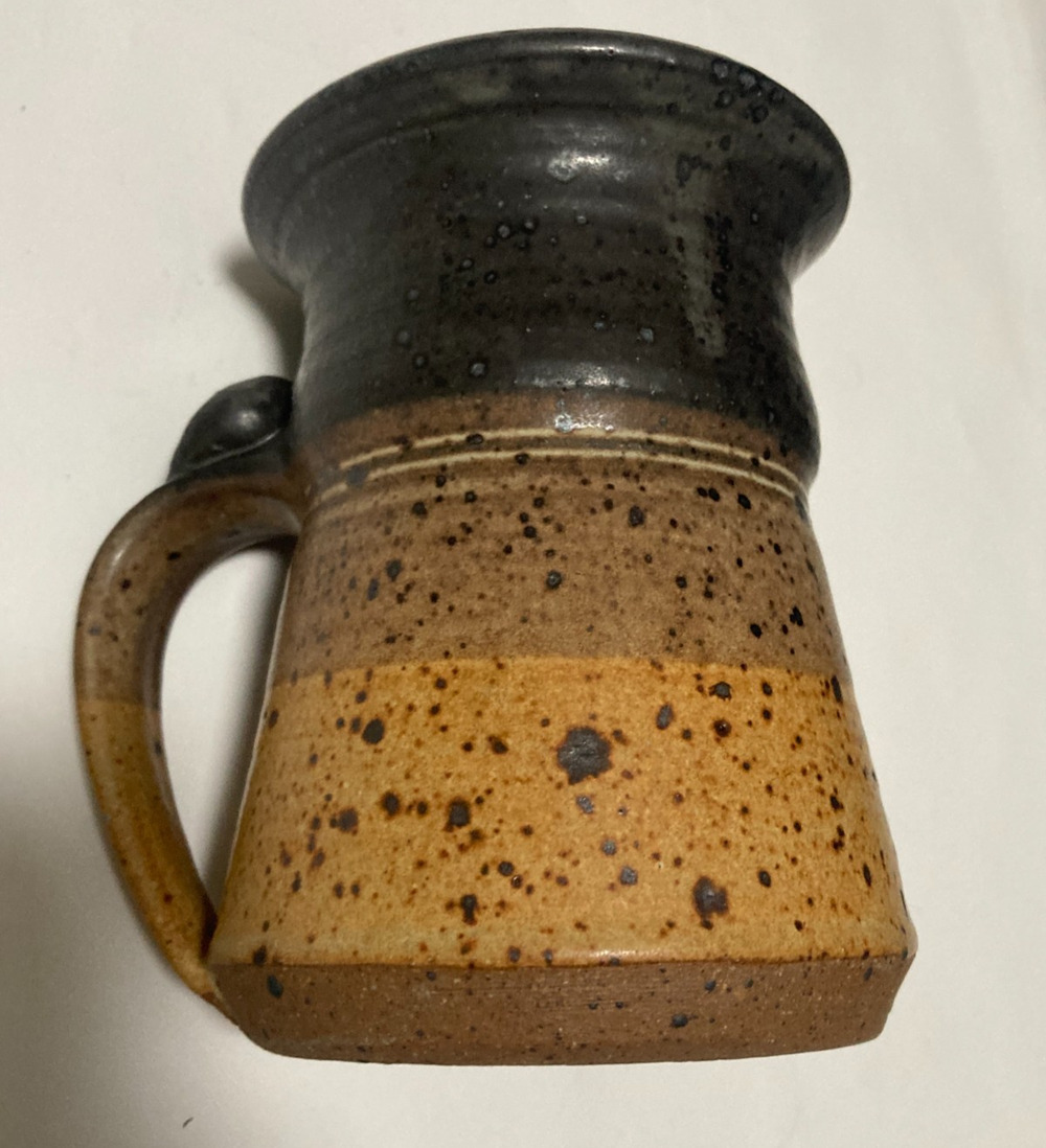 Pottery mug handmade stoneware flared rim multitone brown blue glazed signed